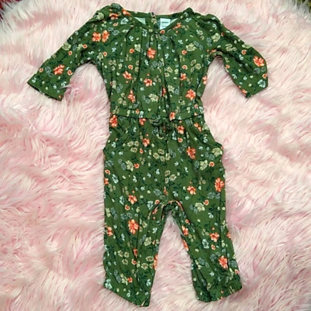 Old Navy Flower Print Long-Sleeve Jumpsuit Romper. Green, 12-18 Months